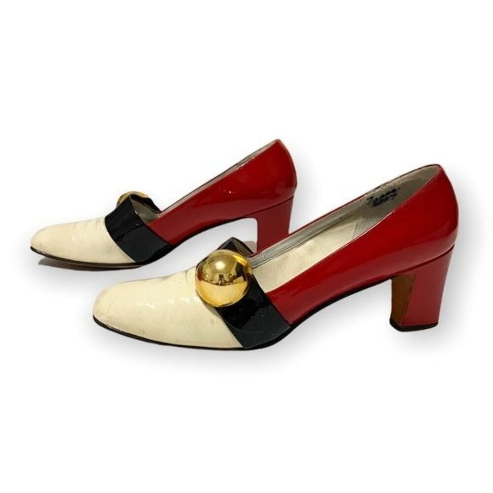 Vintage 1960s Herbert Levine Mod Patent Color Block Pumps Gold Orb Original Box - Picture 6 of 16